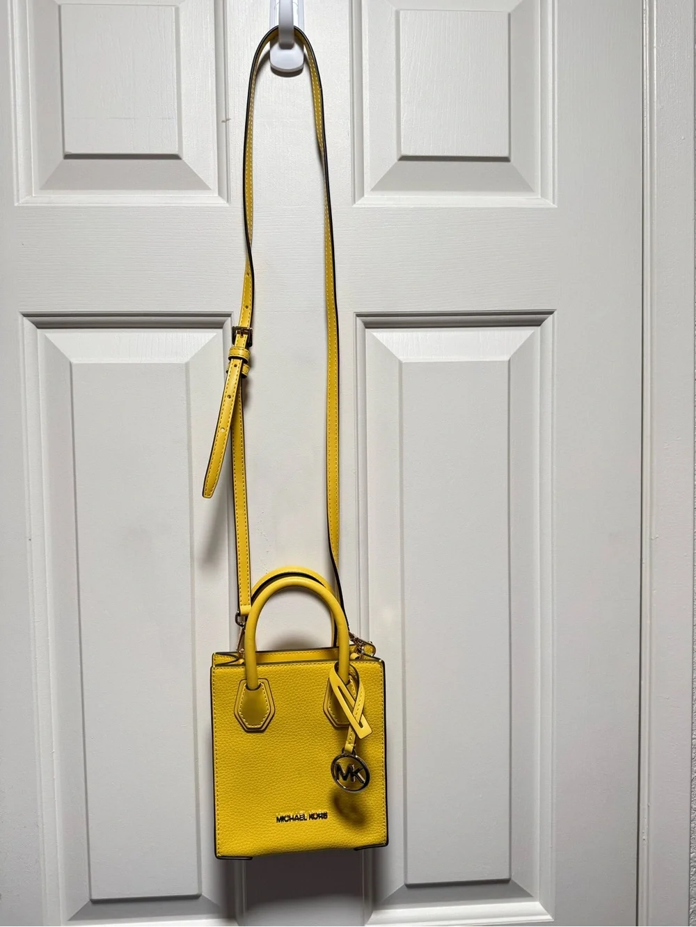 Michael Kors Yellow Mini Mercer Pebbled Leather Crossbody Tote MK Charm